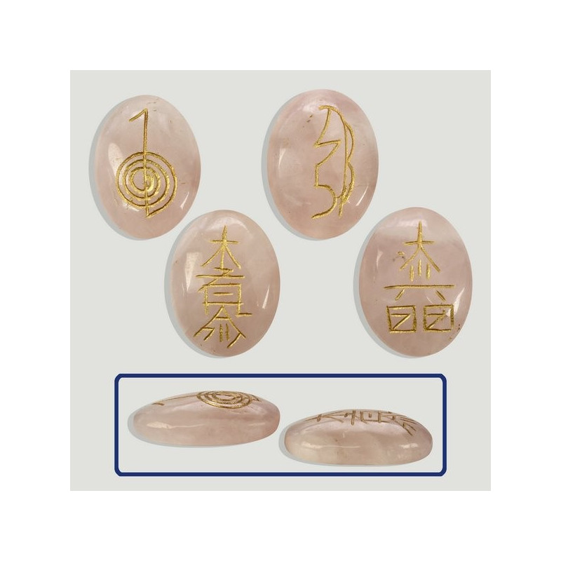 Rodado plano Cuarzo rosa con signos reiki Rodado plano Cuarzo rosa con signos reiki