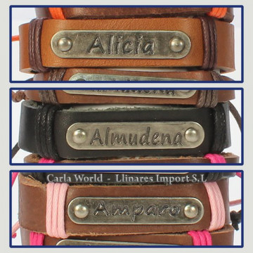 Gancho 03 – Pulsera piel con nombre. Letra A: Alicia, Almudena y Amparo