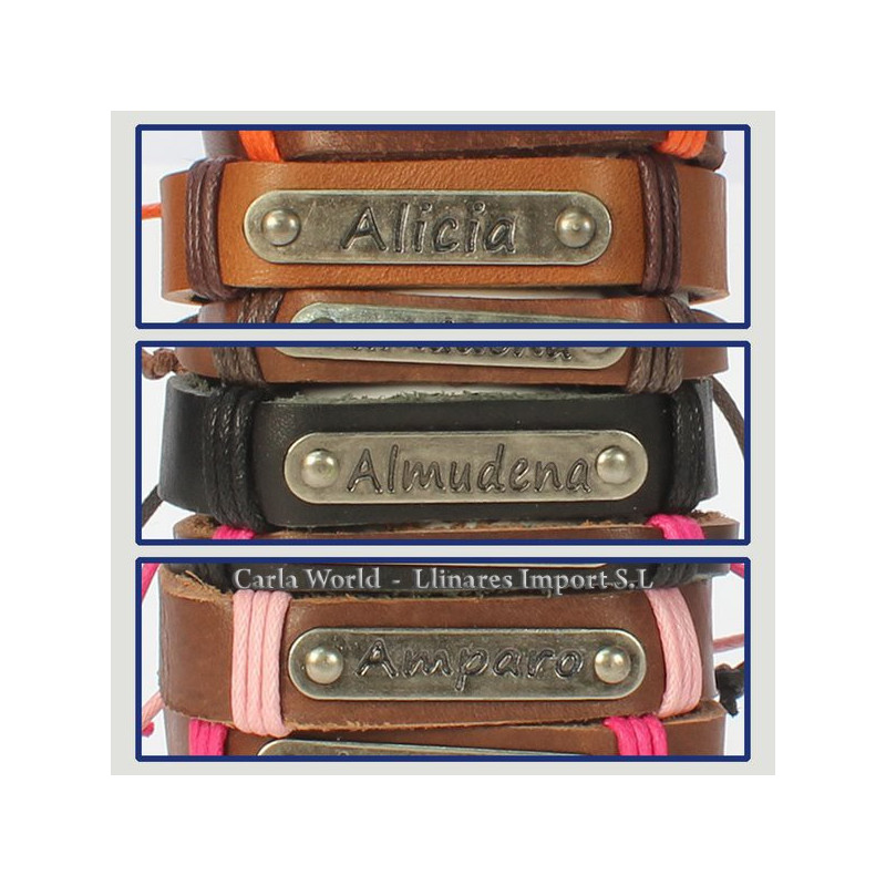 Gancho 03 – Pulsera piel con nombre. Letra A: Alicia, Almudena y Amparo Gancho 03 – Pulsera piel con nombre. Letra A: Alicia, Almudena y Amparo
