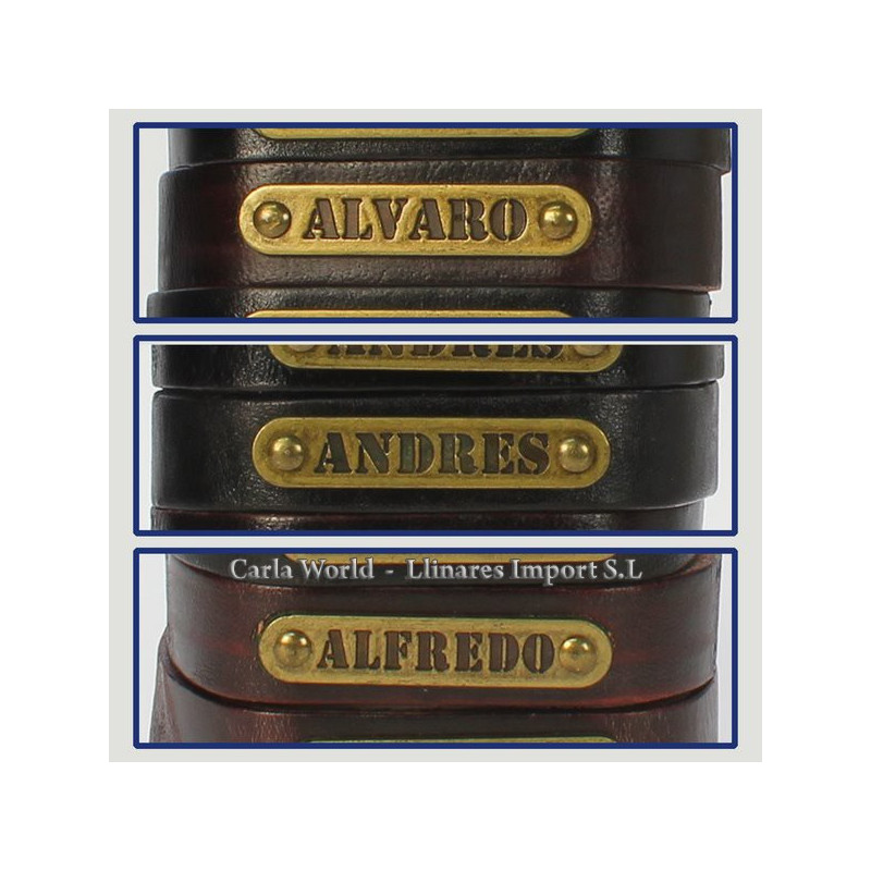 Gancho 06 – Pulsera piel con nombre. Letra A: Álvaro, Andrés y Alfredo Gancho 06 – Pulsera piel con nombre. Letra A: Álvaro, Andrés y Alfredo