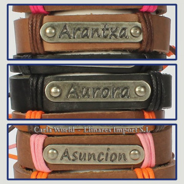 Gancho 09 – Pulsera piel con nombre. Letra A: Arantxa, Aurora y Asunción
