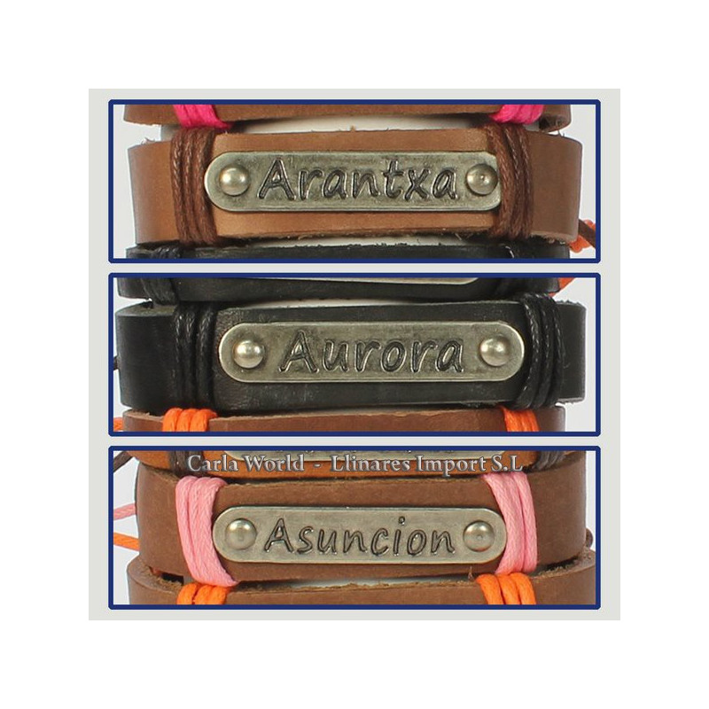 Gancho 09 – Pulsera piel con nombre. Letra A: Arantxa, Aurora y Asunción Gancho 09 – Pulsera piel con nombre. Letra A: Arantxa, Aurora y Asunción
