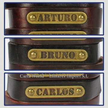 Gancho 10 – Pulsera piel con nombre. Letras A,B,C: Arturo, Bruno y Carlos