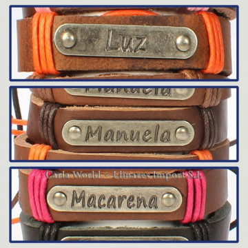 Gancho 39 – Pulsera piel con nombre. Letras L,M: Luz, Manuela y Macarena