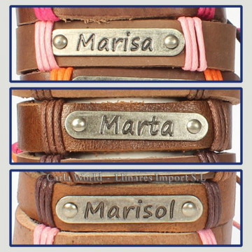 Gancho 43 – Pulsera piel con nombre. Letra M: Marisa, Marta y Marisol