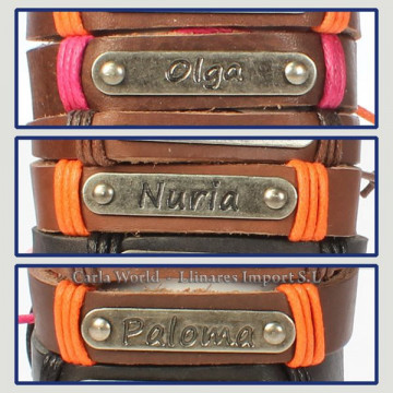 Gancho 49 – Pulsera piel con nombre. Letras N,O,P: Olga, Núria y Paloma