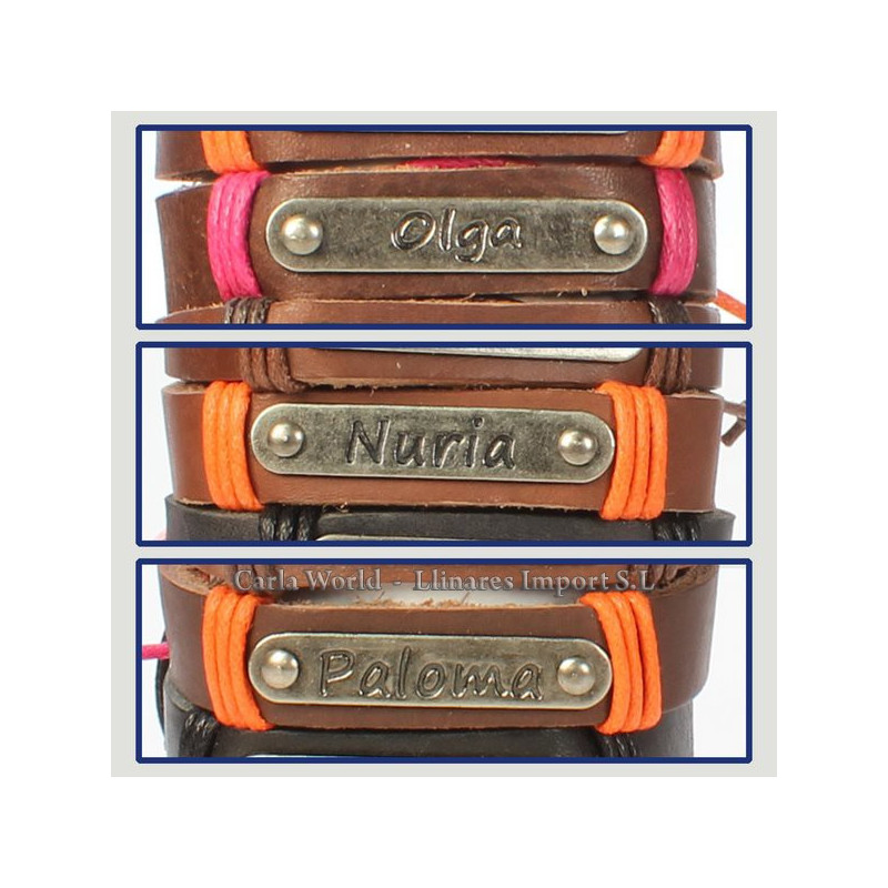 Gancho 49 – Pulsera piel con nombre. Letras N,O,P: Olga, Núria y Paloma Gancho 49 – Pulsera piel con nombre. Letras N,O,P: Olga, Núria y Paloma