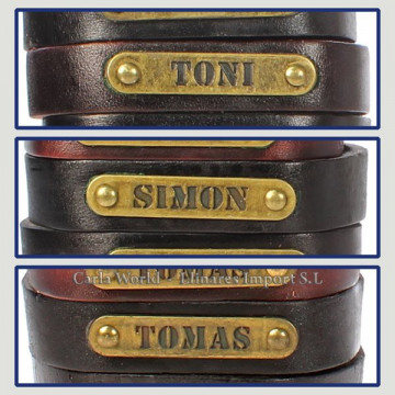 Gancho 56 – Pulsera piel con nombre. Letras S,T: Toni, Simón y Tomás