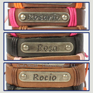 Gancho 57 – Pulsera piel con nombre. Letra R: Rosario, Rosa y Rocío