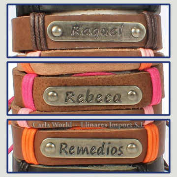 Gancho 59 – Pulsera piel con nombre. Letra R: Raquel, Rebeca y Remedios