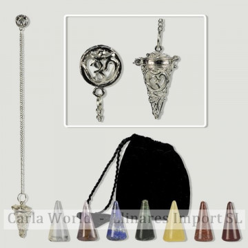 CHAKRA. Pendulo metal OM cono con set de 7 minerales