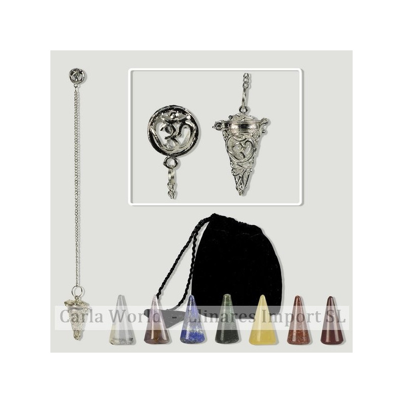 CHAKRA. Pendulo metal OM cono con set de 7 minerales CHAKRA. Pendulo metal OM cono con set de 7 minerales