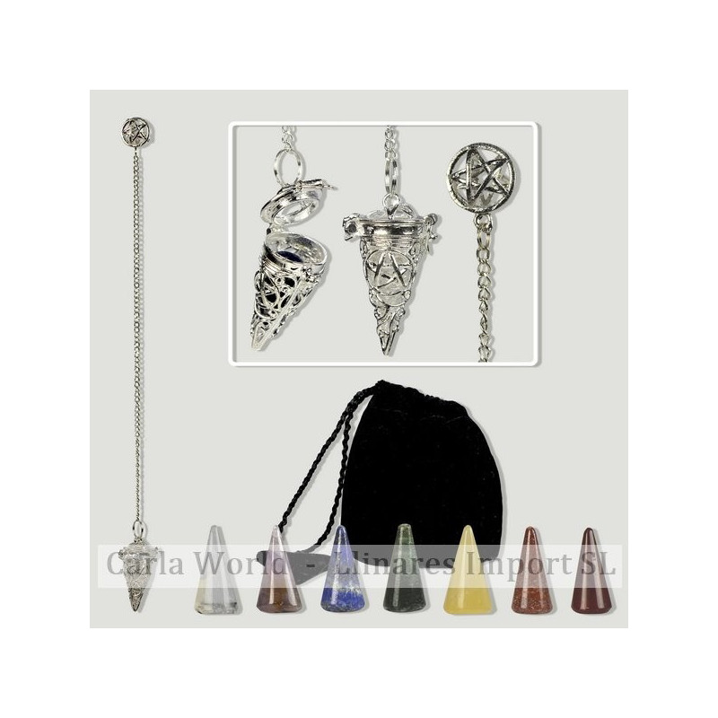 CHAKRA. Pendulo metal PENTAGRAMA cono con set de 7 minerales CHAKRA. Pendulo metal PENTAGRAMA cono con set de 7 minerales