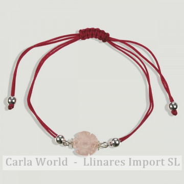 CUARZO ROSA. Pulsera cordon con plata. Nudo corredizo. Modelo Flor