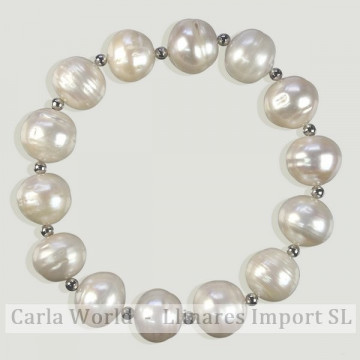 Pulsera perla blanca grande con bola metal