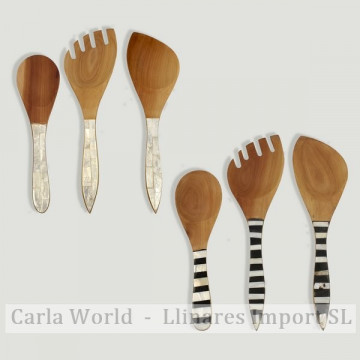 Set 3 cubiertos madera con nácar. Modelo blanco o cebra. 25cm