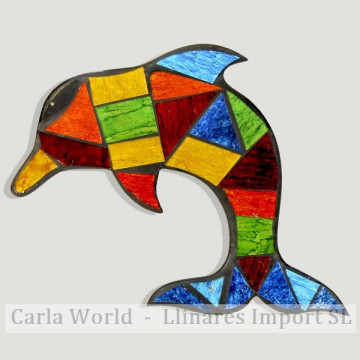 DELFÍN. Artesanía de madera con mosaico multicolor 20x16cm
