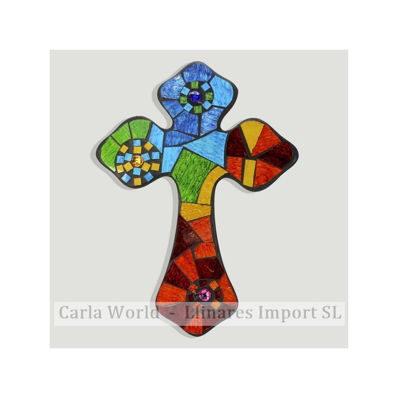 CRUZ. Artesanía de madera con mosaico multicolor 28x38cm CRUZ. Artesanía de madera con mosaico multicolor 28x38cm