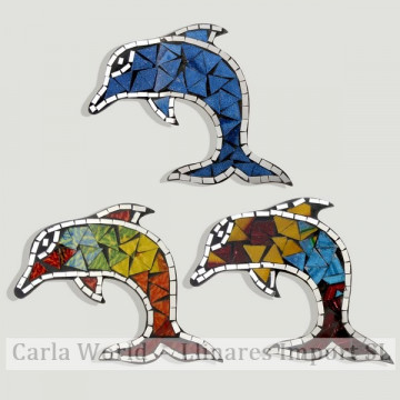 DELFÍN. Artesanía de madera con mosaico multicolor y colores surtidos 20x16cm