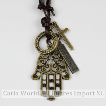 Gancho 31 – Colgante metal con cordón de nudo corredizo. Modelo mano de Fátima. 