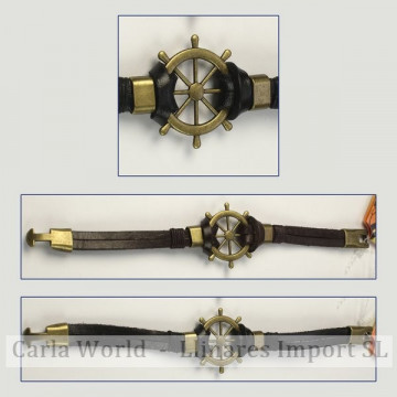 Gancho 81 – Pulsera piel con metal dorado/plateado. Modelo timón