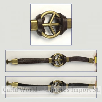 Gancho 83 – Pulsera piel con metal dorado/plateado. Modelo símbolo paz