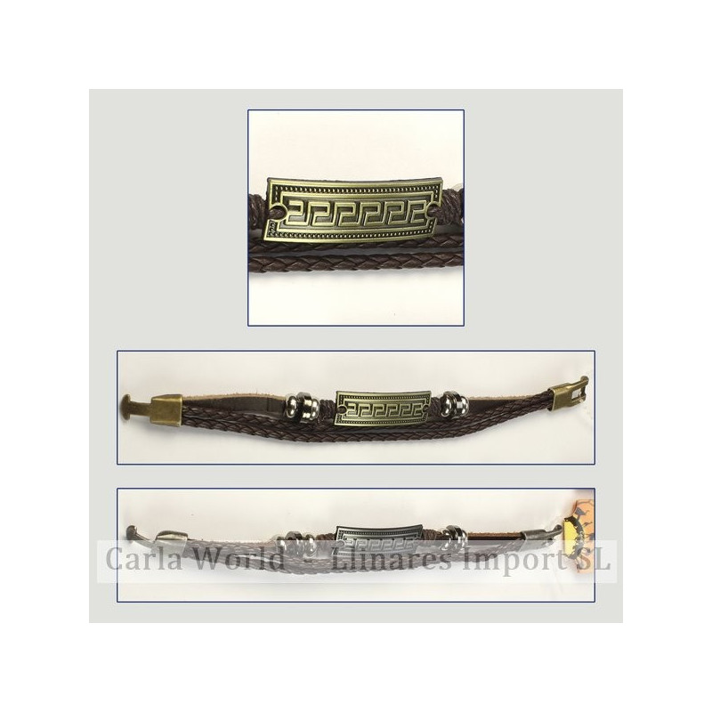 Gancho 85 – Pulsera piel con metal dorado/plateado. Modelo cenefa griega Gancho 85 – Pulsera piel con metal dorado/plateado. Modelo cenefa griega