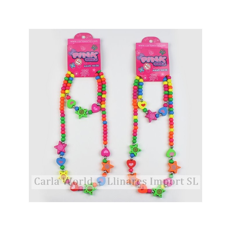Gancho 83 – Conjunto collar/pulsera de madera colores surtidos. Modelo estrella y corazón Gancho 83 – Conjunto collar/pulsera de madera colores surtidos. Modelo estrella y corazón