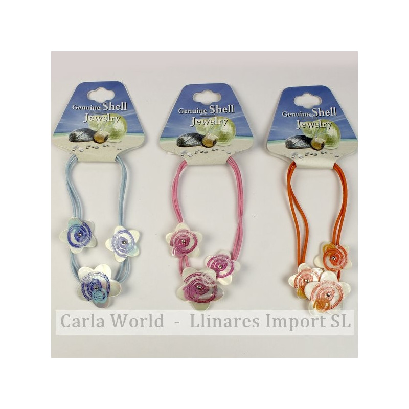 Gancho 60 - Goma/Pulsera elástica Nácar pintado. Modelo Flor. Surtidos Gancho 60 - Goma/Pulsera elástica Nácar pintado. Modelo Flor. Surtidos