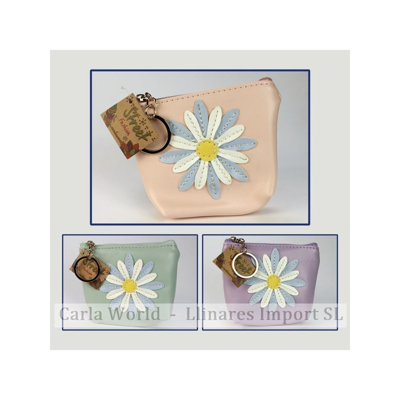 Gancho 87. Llavero monedero tela/polipiel. Modelo Margarita doble pétalo. Colores surtidos Gancho 87. Llavero monedero tela/polipiel. Modelo Margarita doble pétalo. Colores surtidos