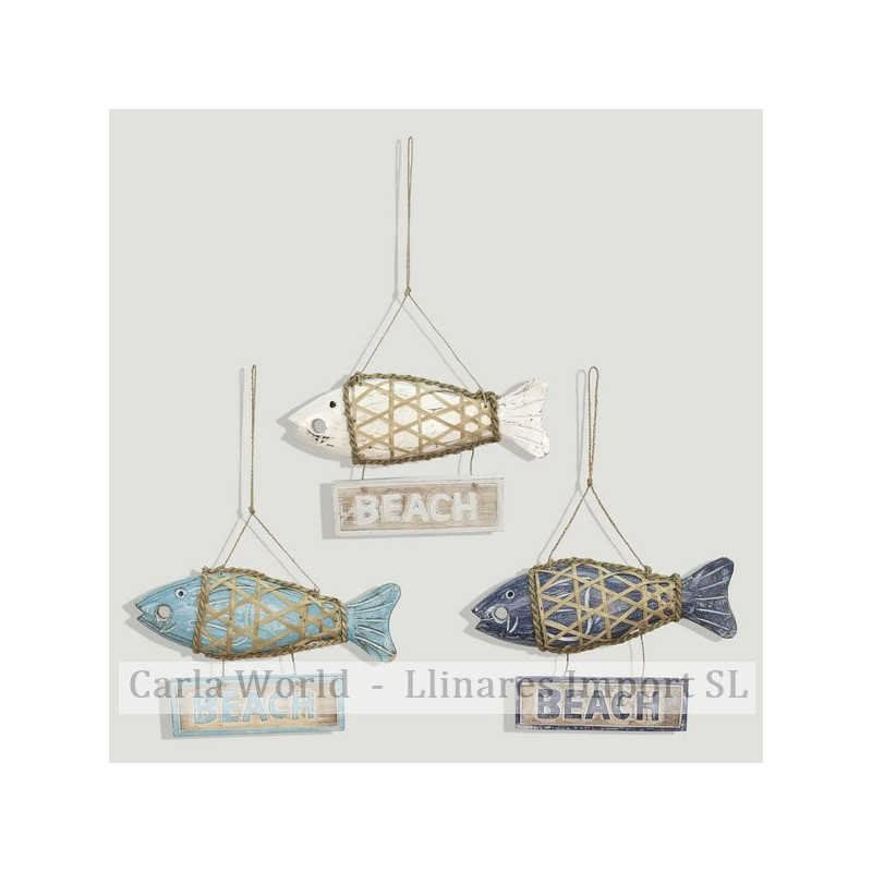 Pez madera con red. Placa BEACH 30x20cm. Colores surtidos Pez madera con red. Placa BEACH 30x20cm. Colores surtidos