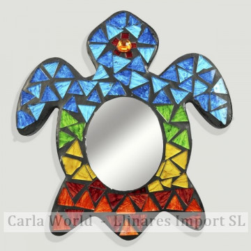 TORTUGA. Artesanía de madera con mosaico multicolor con espejo 20x18cm