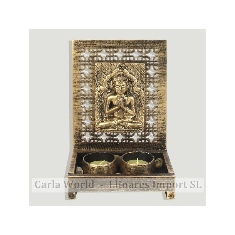 Porta velas madera 2 velas y buda resina dorado. 15x9,5x21,5cm Porta velas madera 2 velas y buda resina dorado. 15x9,5x21,5cm