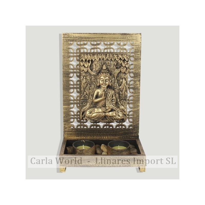Porta velas madera 2 velas y Buda resina dorado. 18,5x9,5x27cm Porta velas madera 2 velas y Buda resina dorado. 18,5x9,5x27cm