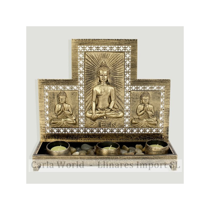 Porta velas madera 3 velas y 3 Buda resina dorado. 29,5x9,5x26,5cm Porta velas madera 3 velas y 3 Buda resina dorado. 29,5x9,5x26,5cm