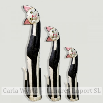 Set de 3 gatos negro/blanco en madera 100/80/60cm