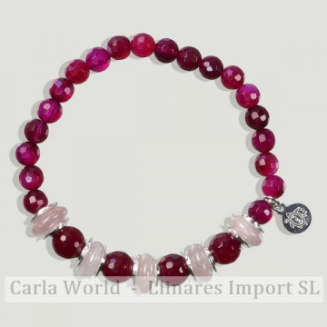 Pulsera AZAHAR plata. Cuarzo rosa y Ágata fucsia