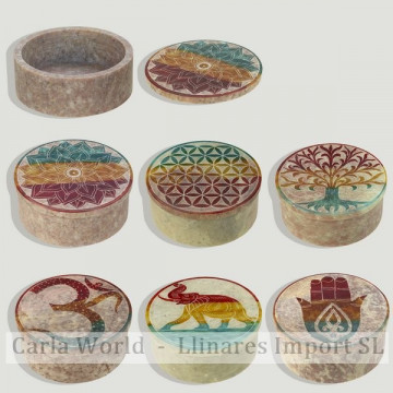 Caja Piedra jabón tallada redonda. Modelos y colores surtidos. 7,5cm
