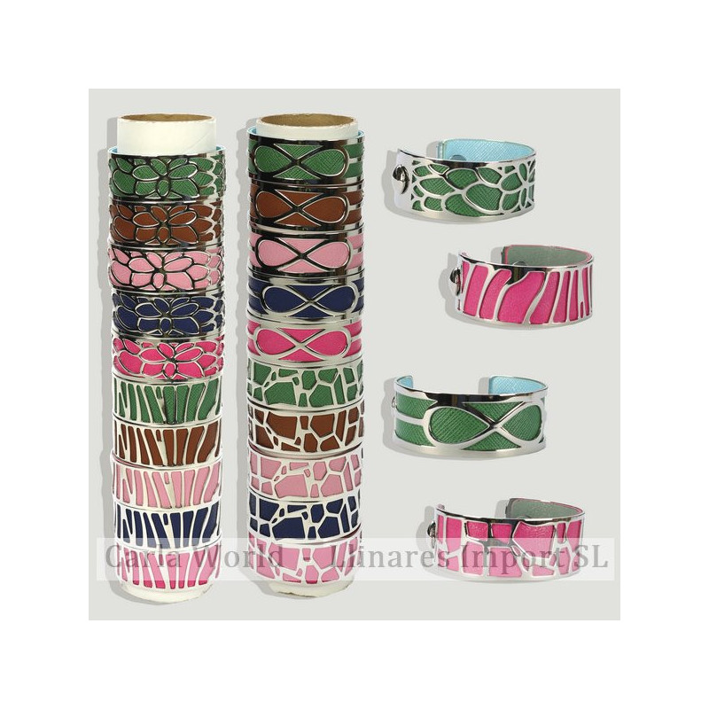 Pulsera Acero silverplated 25mm. Cuero colores surtidos Pulsera Acero silverplated 25mm. Cuero colores surtidos