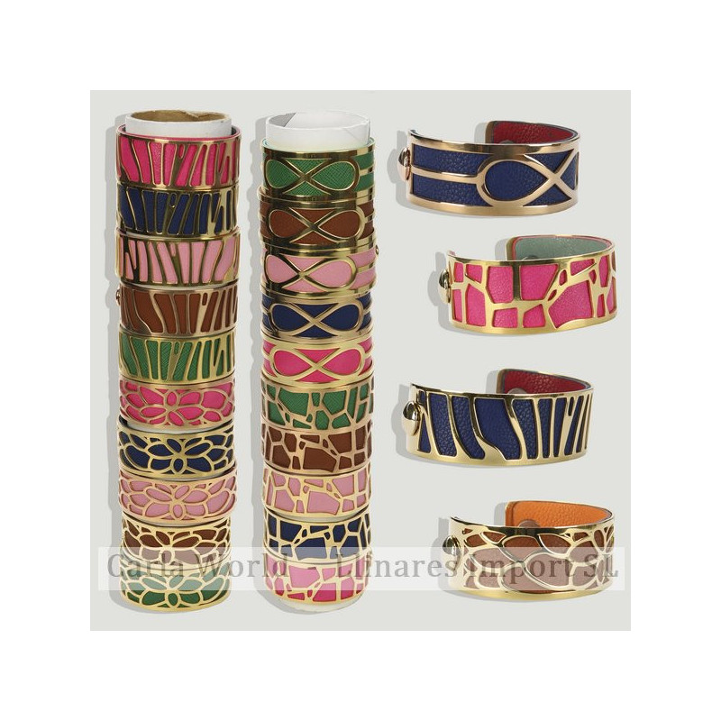 Pulsera Acero goldenplated 25mm. Cuero colores surtidos Pulsera Acero goldenplated 25mm. Cuero colores surtidos