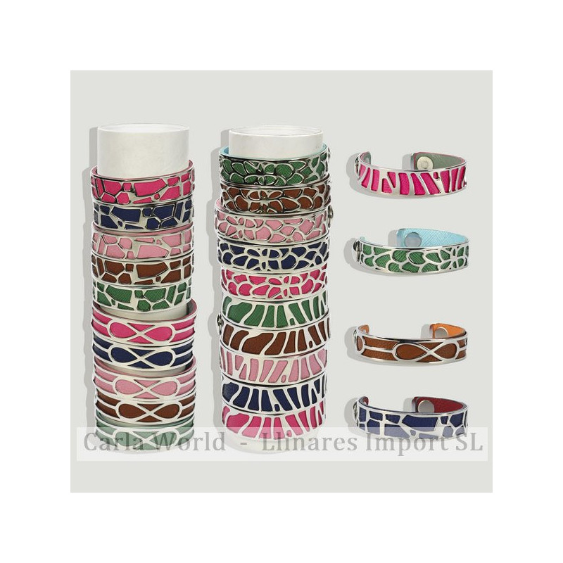 Pulsera Acero silverplated 14mm. Cuero colores surtidos Pulsera Acero silverplated 14mm. Cuero colores surtidos