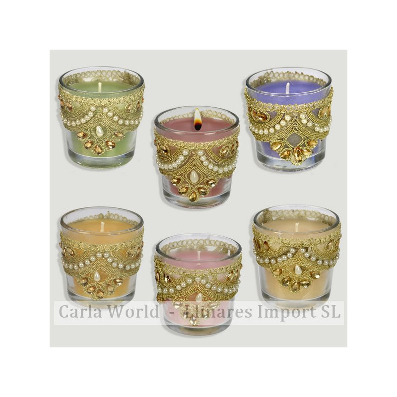 Vela ambienador vaso cristal con abalorios 6x6cm Vela ambienador vaso cristal con abalorios 6x6cm