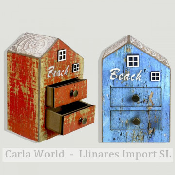 Casa madera con 2 cajones. Modelo en azul o rojo surtido. 12x17x8cm