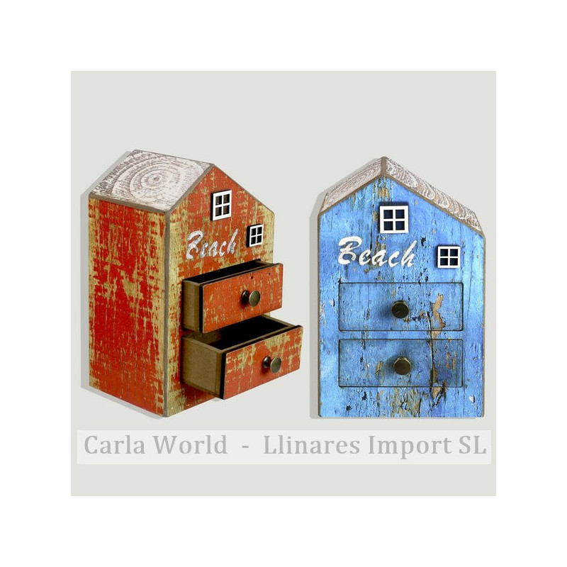 Casa madera con 2 cajones. Modelo en azul o rojo surtido. 12x17x8cm Casa madera con 2 cajones. Modelo en azul o rojo surtido. 12x17x8cm