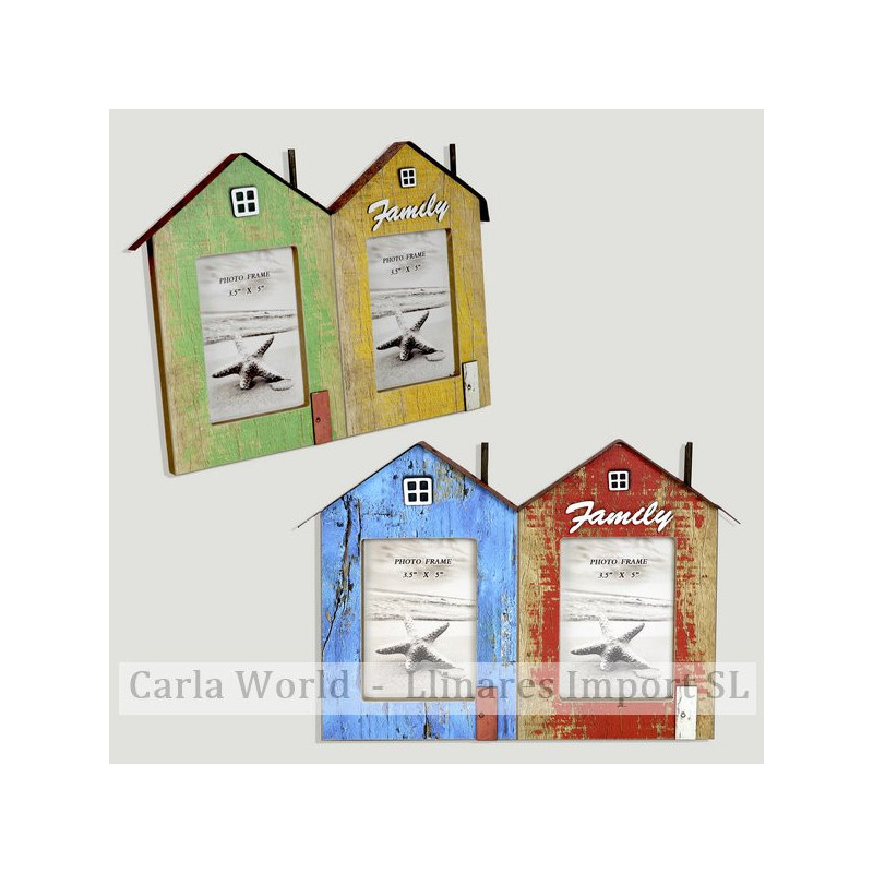 Portafotos doble madera casas 31x22cm. Medida foto: 8x12cm Portafotos doble madera casas 31x22cm. Medida foto: 8x12cm
