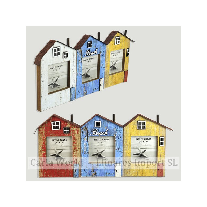 Portafotos triple madera casas 35x12. Medida foto: 7x7cm Portafotos triple madera casas 35x12. Medida foto: 7x7cm