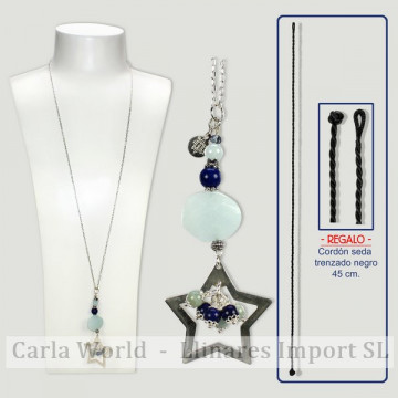 Colgante BRISA Plata Aguamarina, Lapislazuli con Estrella. 80cm