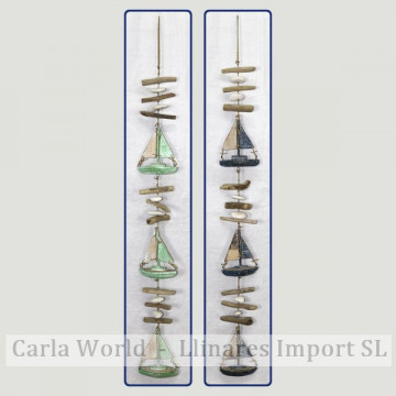 Wooden mobile 3 sailboats with trunks. Assorted colors. 100cm