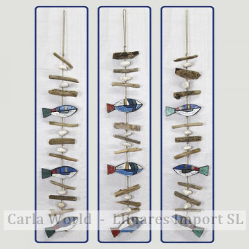 Wooden mobile 3 fish with trunks. Multicolored. 85cm