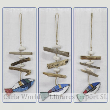 Wooden mobile 3 fish with trunks. Assorted colors. 40cm